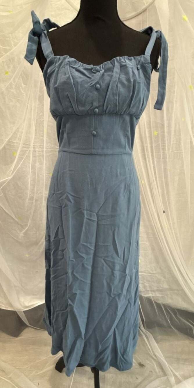 Sienna Sky Blue Chambray Ruched Tie-Strap Midi Dress with Buttons